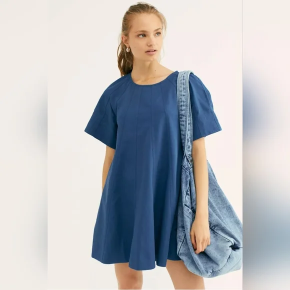 Free People Becca Short Sleeve Mini Dress Blue Size XS - Picture 1 of 9
